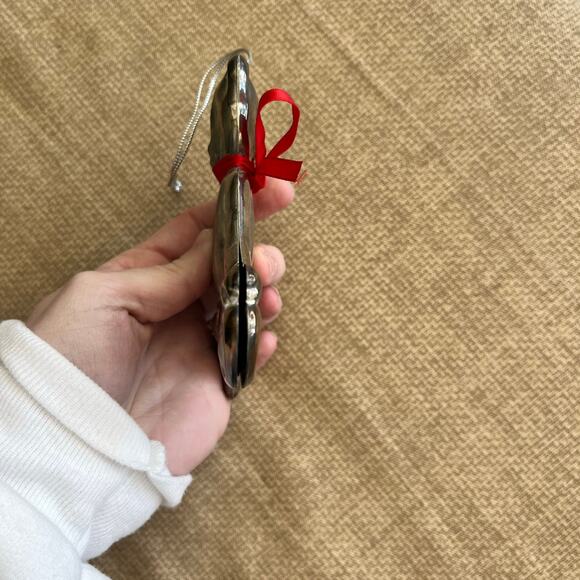 Vintage Bloomingdales Silverplated Teddy Bear w/ Red Christmas Bow Ornament - Picture 4 of 4